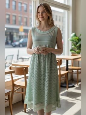 Suzanne Betro 1X Mint Green Lace Midi Dress Empire Waist Sleeveless